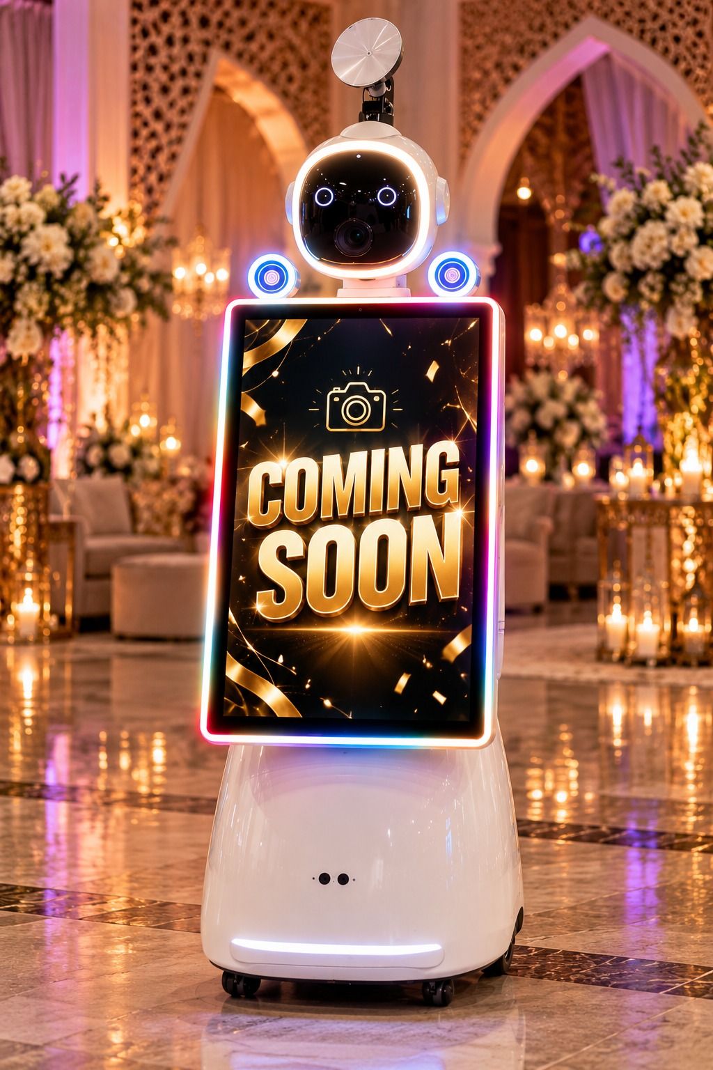 De AI Fotobox Robot met ‘Coming soon’ op zijn scherm